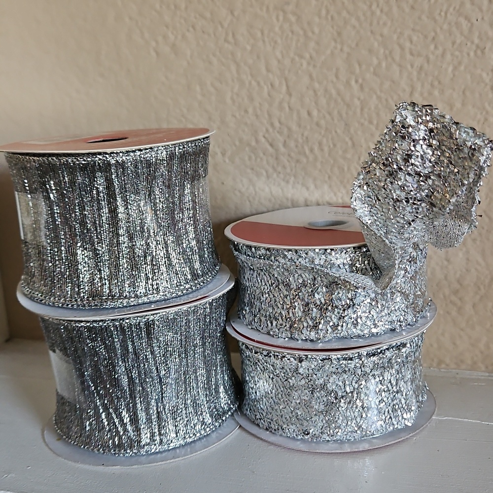 4 Rolls of Celebrate it - Wired Silver Metallic Ribbon